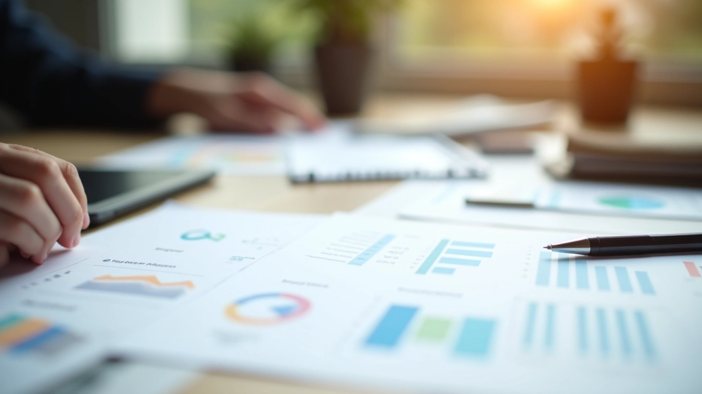 Documents de copropriété avec stylo sur un bureau, tableau financier en arrière-plan