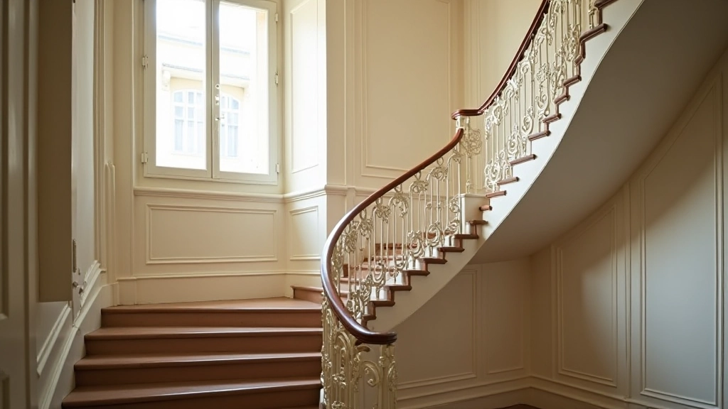 Intérieur d'un immeuble haussmannien avec escalier classique et murs rénovés