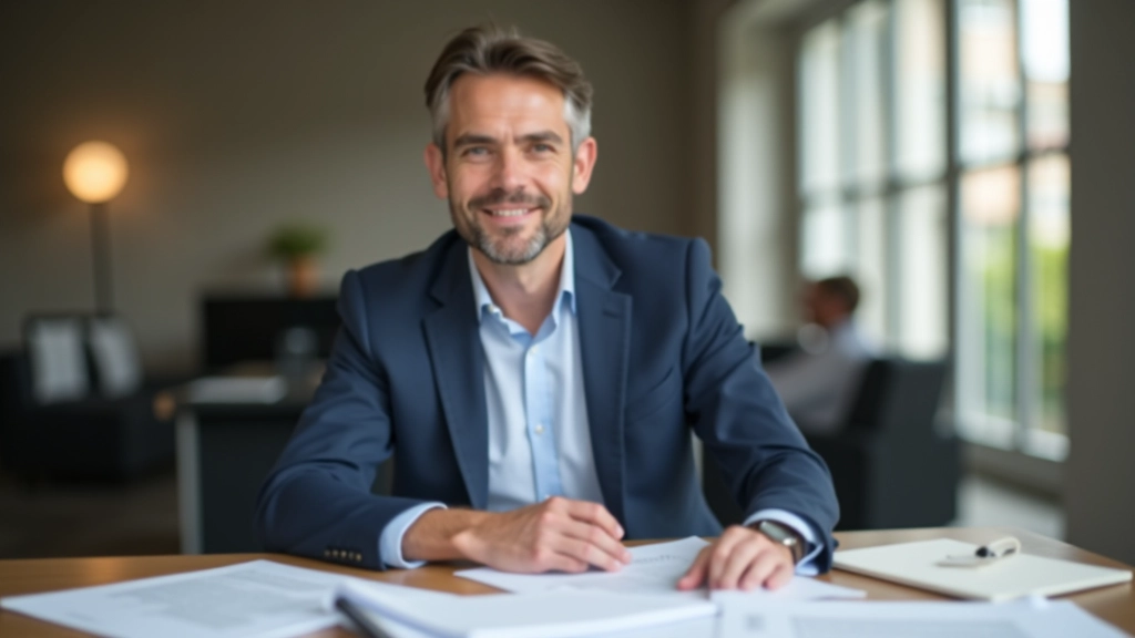 Syndic professionnel dans un bureau moderne entouré de documents de copropriété